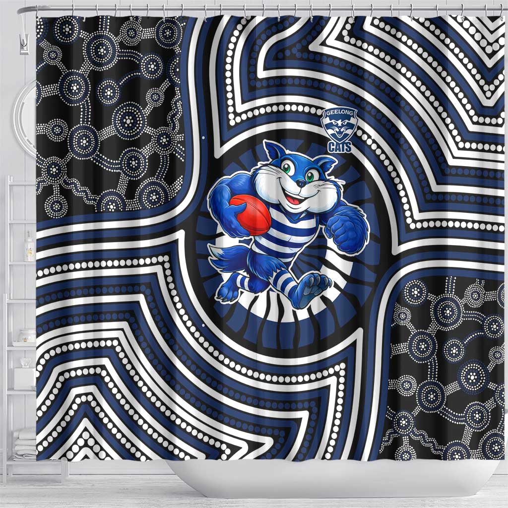 Geelong Cats Shower Curtain Indigenous Monochrome Dot Art Mascot Style