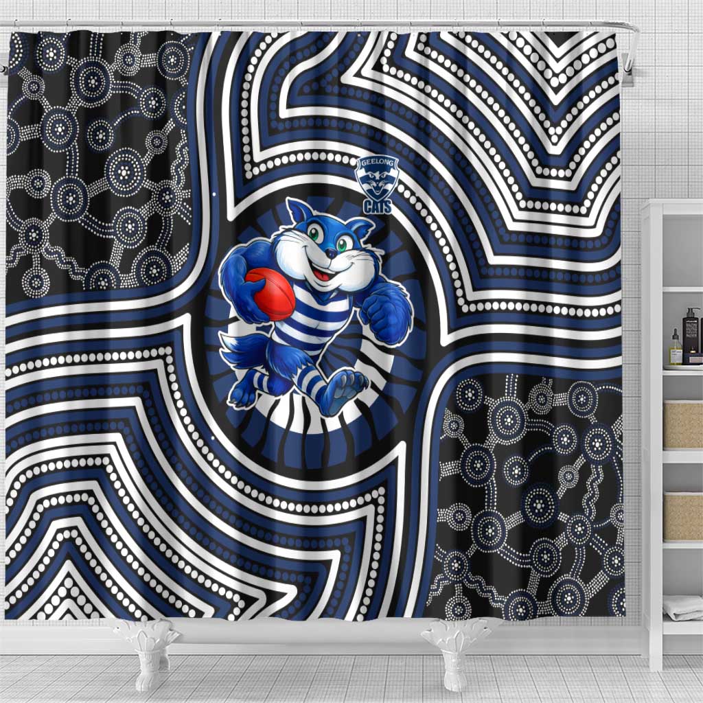 Geelong Cats Shower Curtain Indigenous Monochrome Dot Art Mascot Style