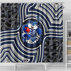 Geelong Cats Shower Curtain Indigenous Monochrome Dot Art Mascot Style