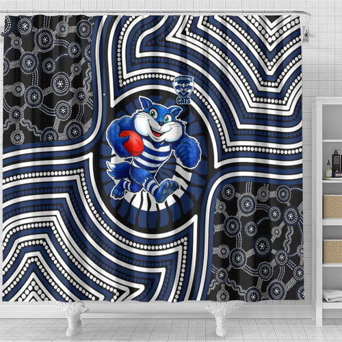 Geelong Cats Shower Curtain Indigenous Monochrome Dot Art Mascot Style