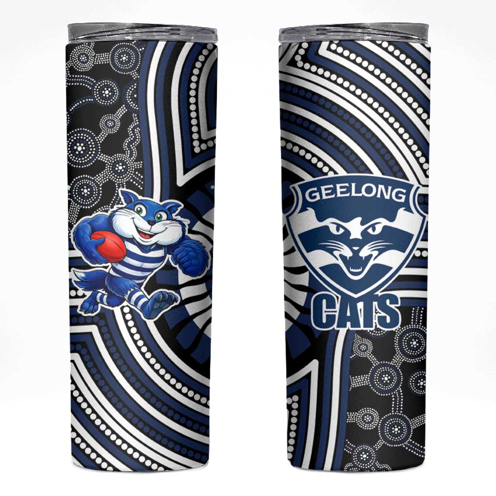 Geelong Cats Skinny Tumbler Indigenous Monochrome Dot Art Mascot Style