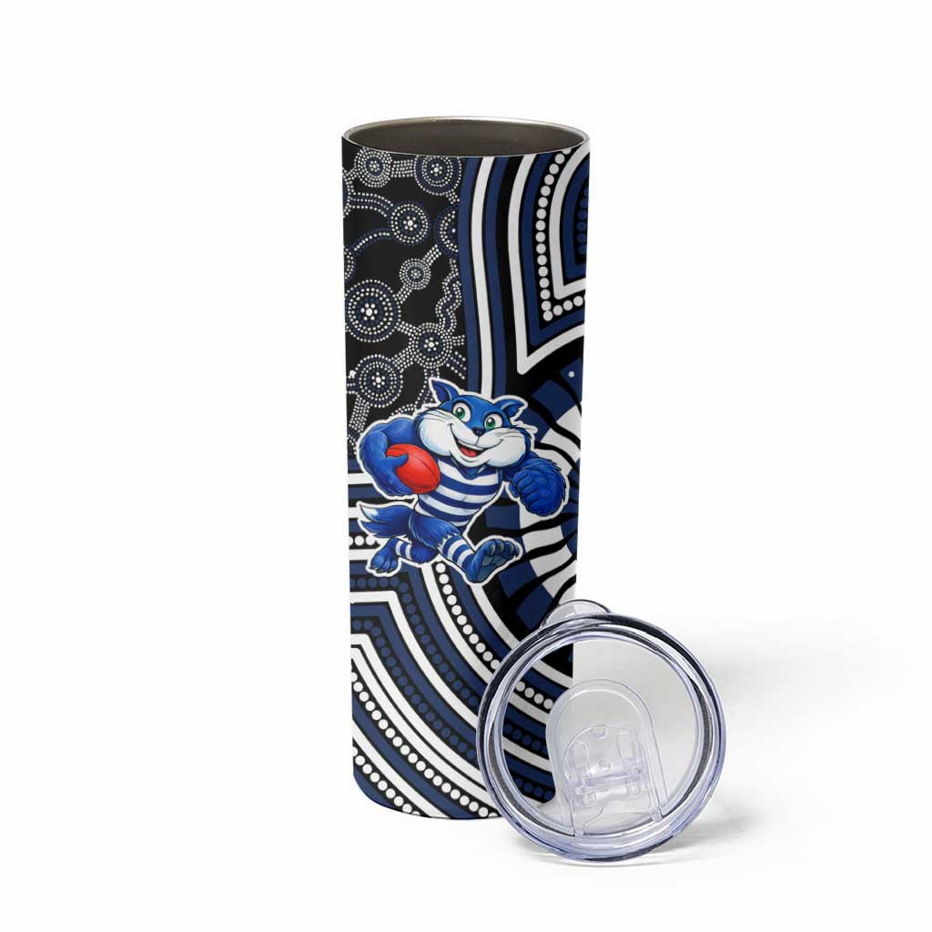 Geelong Cats Skinny Tumbler Indigenous Monochrome Dot Art Mascot Style