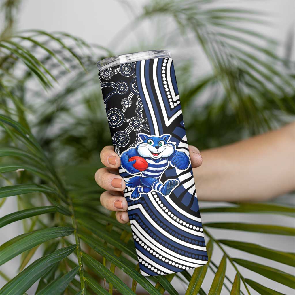 Geelong Cats Skinny Tumbler Indigenous Monochrome Dot Art Mascot Style