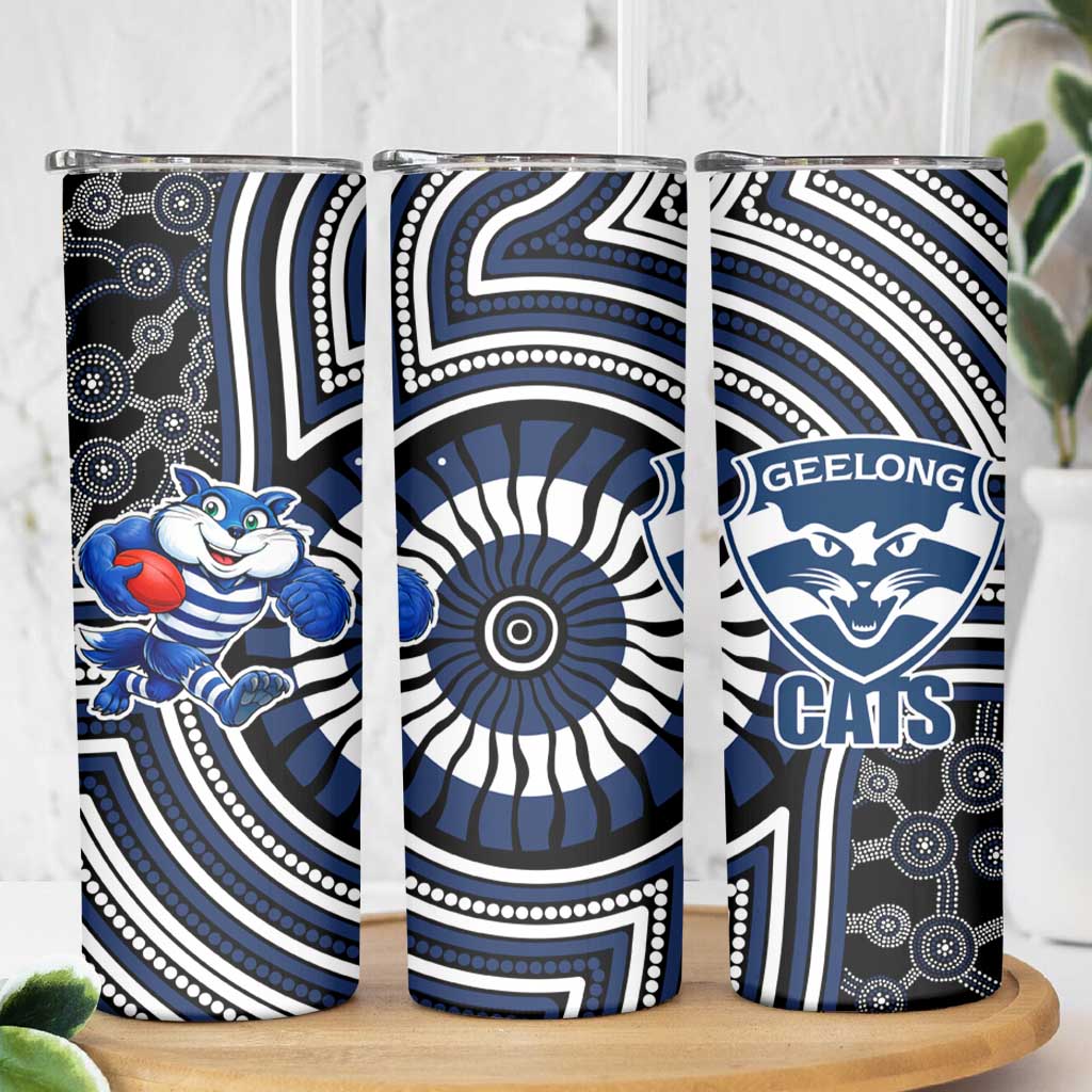Geelong Cats Skinny Tumbler Indigenous Monochrome Dot Art Mascot Style