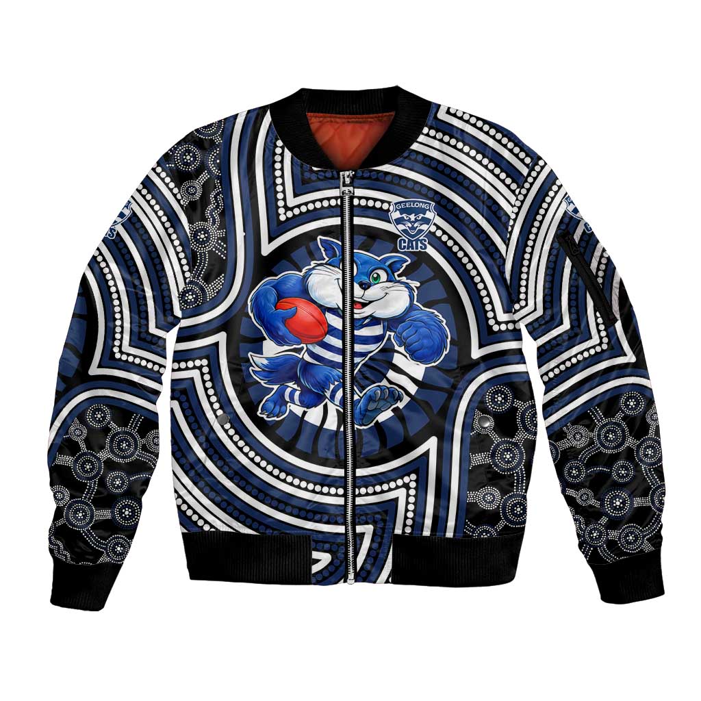 Geelong Cats Sleeve Zip Bomber Jacket Indigenous Monochrome Dot Art Mascot Style