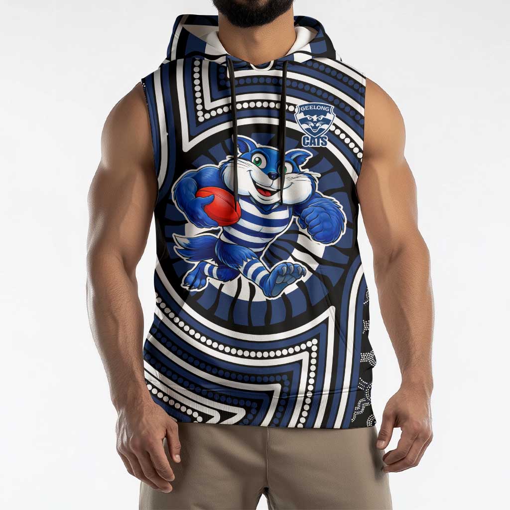 Geelong Cats Sleeveless Hoodie Indigenous Monochrome Dot Art Mascot Style