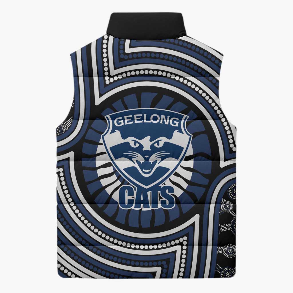 Geelong Cats Sleeveless Puffer Jacket Indigenous Monochrome Dot Art Mascot Style