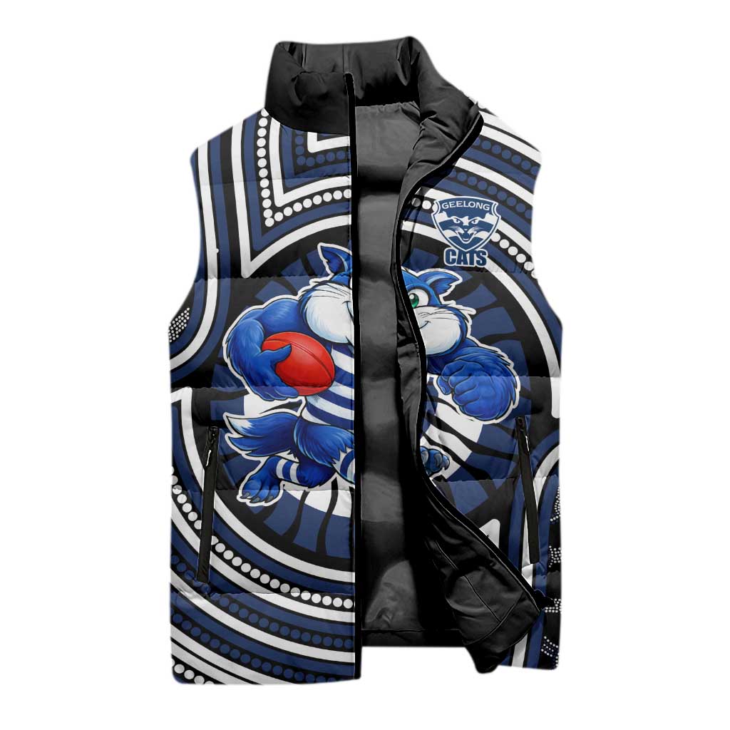 Geelong Cats Sleeveless Puffer Jacket Indigenous Monochrome Dot Art Mascot Style