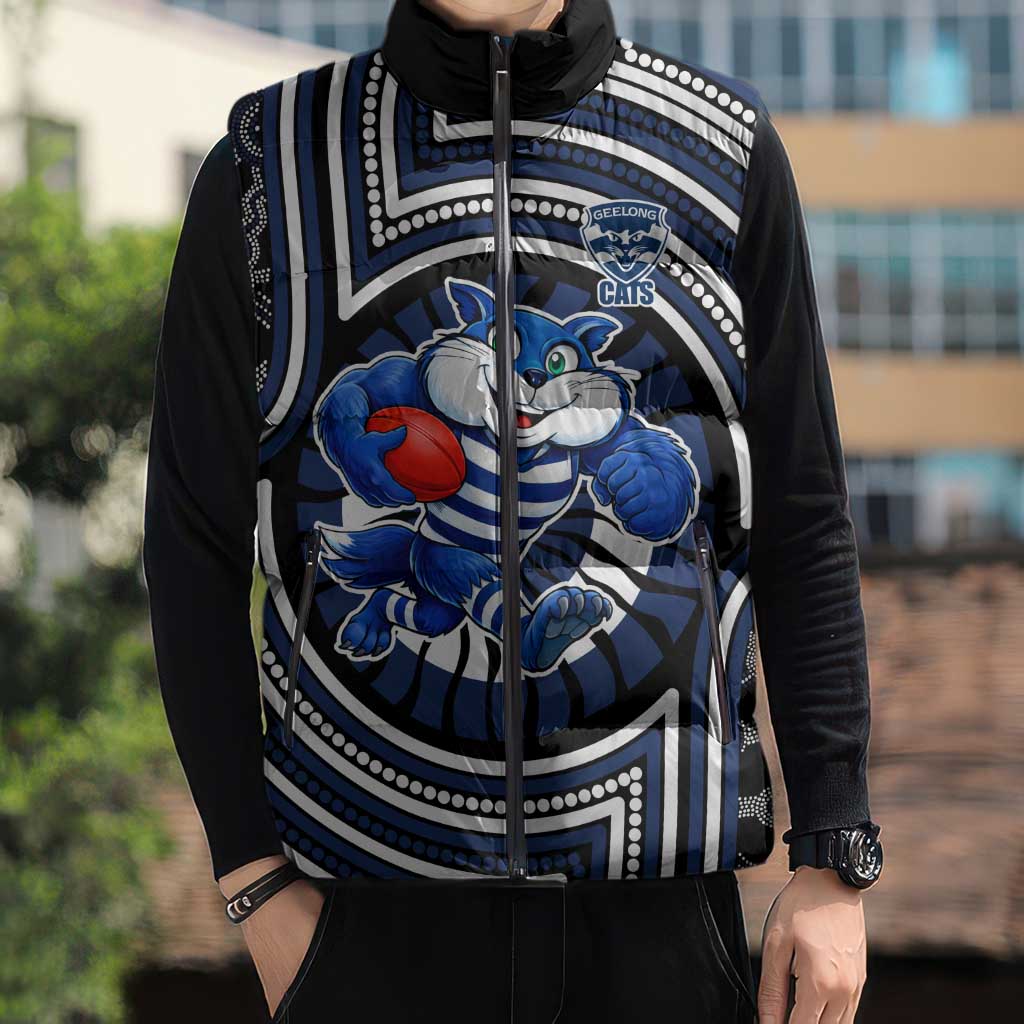 Geelong Cats Sleeveless Puffer Jacket Indigenous Monochrome Dot Art Mascot Style