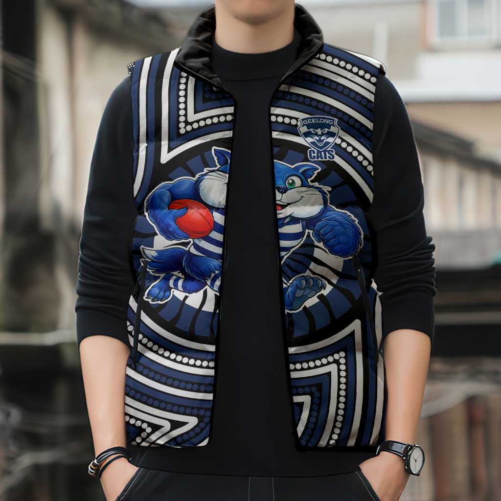 Geelong Cats Sleeveless Puffer Jacket Indigenous Monochrome Dot Art Mascot Style