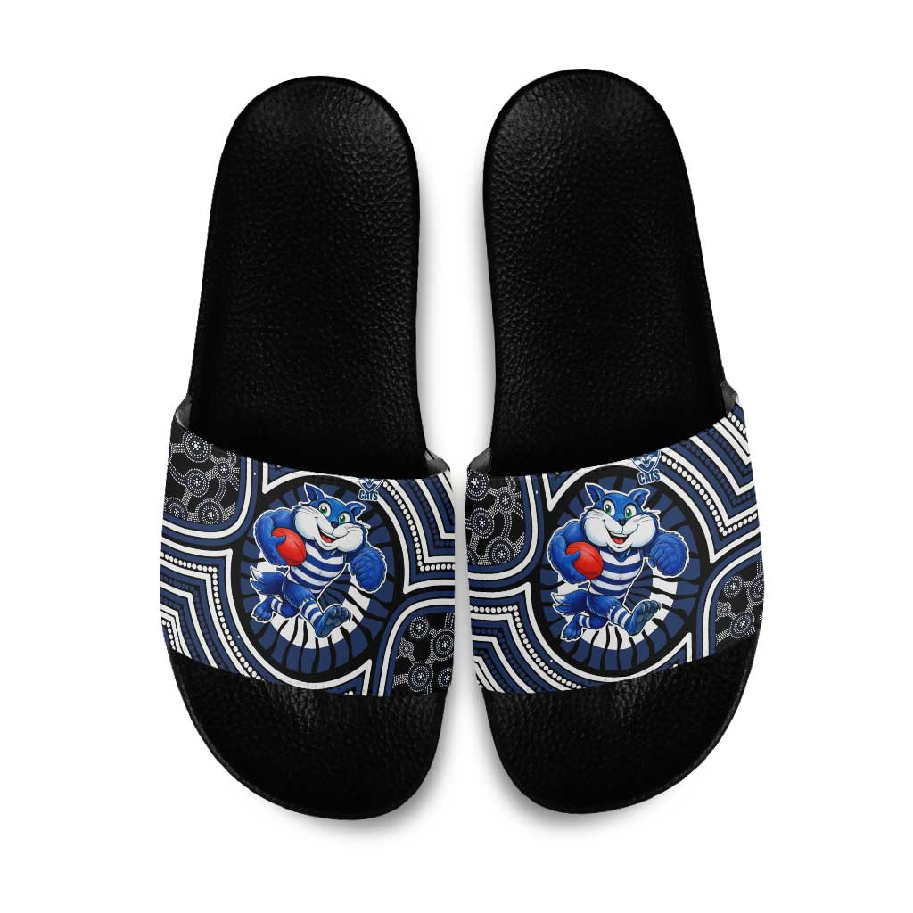 Geelong Cats Slide Sandals Indigenous Monochrome Dot Art Mascot Style