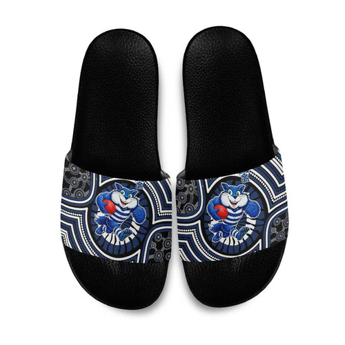 Geelong Cats Slide Sandals Indigenous Monochrome Dot Art Mascot Style