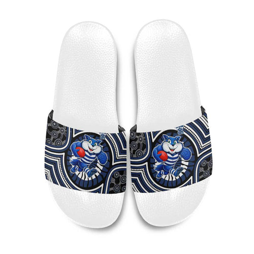 Geelong Cats Slide Sandals Indigenous Monochrome Dot Art Mascot Style
