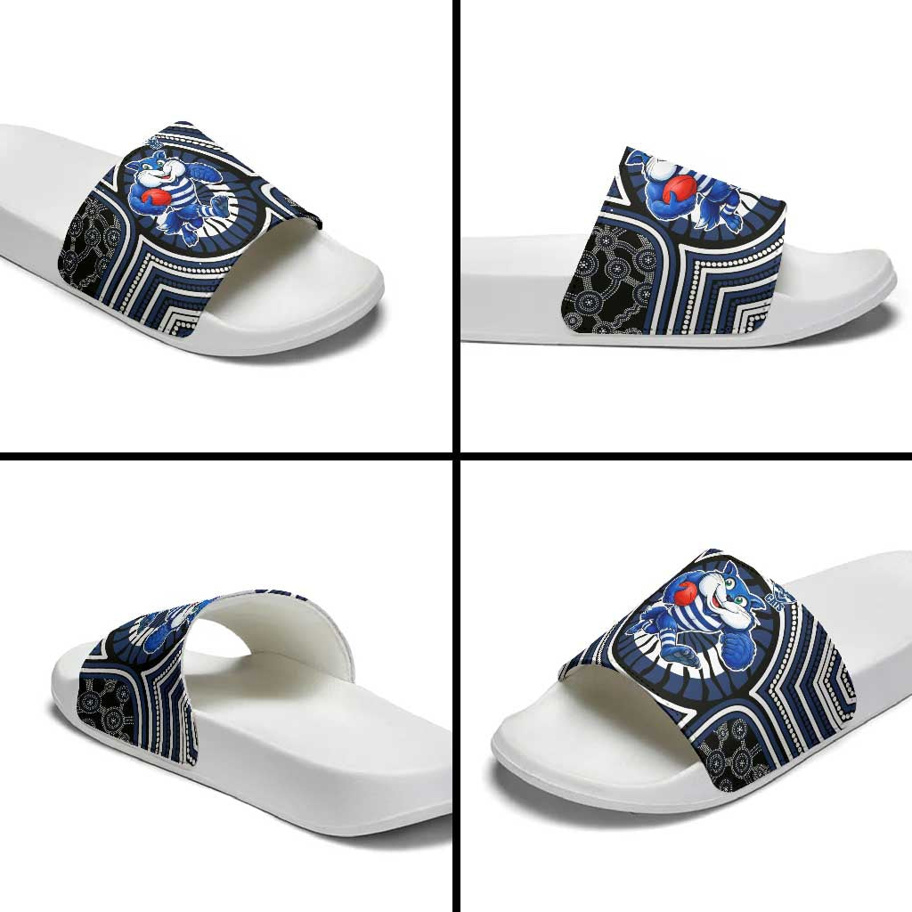 Geelong Cats Slide Sandals Indigenous Monochrome Dot Art Mascot Style