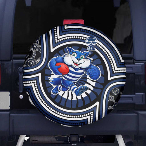 Geelong Cats Spare Tire Cover Indigenous Monochrome Dot Art Mascot Style