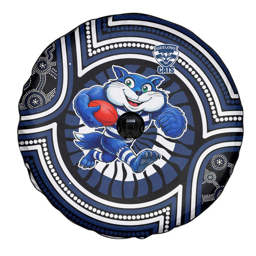 Geelong Cats Spare Tire Cover Indigenous Monochrome Dot Art Mascot Style