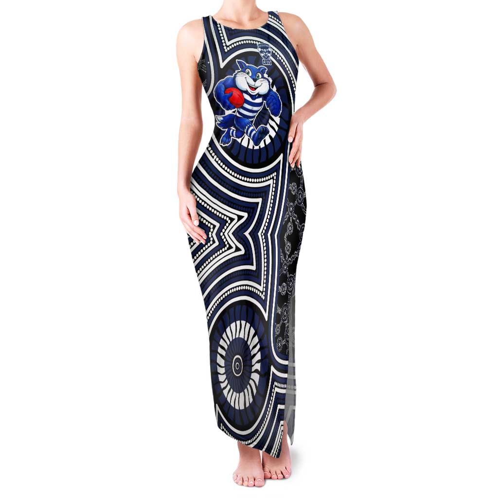 Geelong Cats Tank Maxi Dress Indigenous Monochrome Dot Art Mascot Style
