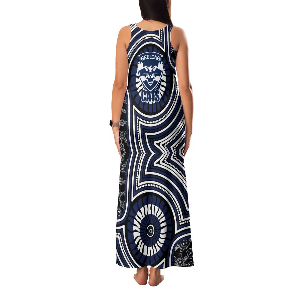 Geelong Cats Tank Maxi Dress Indigenous Monochrome Dot Art Mascot Style