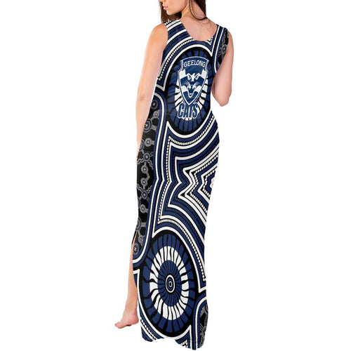 Geelong Cats Tank Maxi Dress Indigenous Monochrome Dot Art Mascot Style