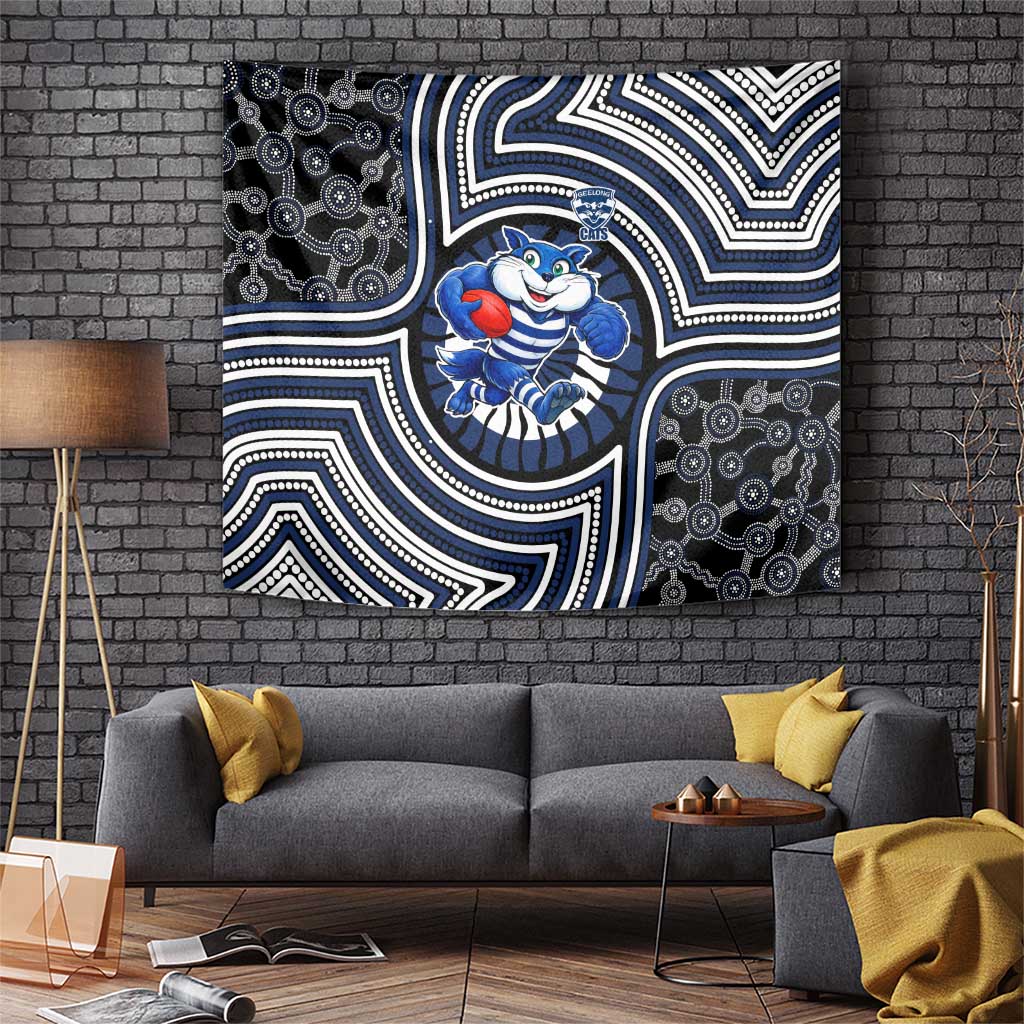Geelong Cats Tapestry Indigenous Monochrome Dot Art Mascot Style
