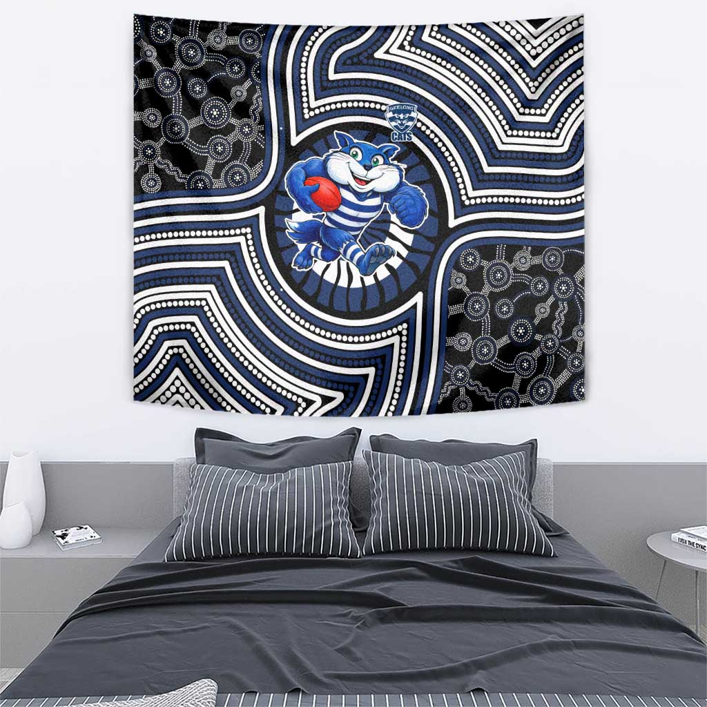 Geelong Cats Tapestry Indigenous Monochrome Dot Art Mascot Style