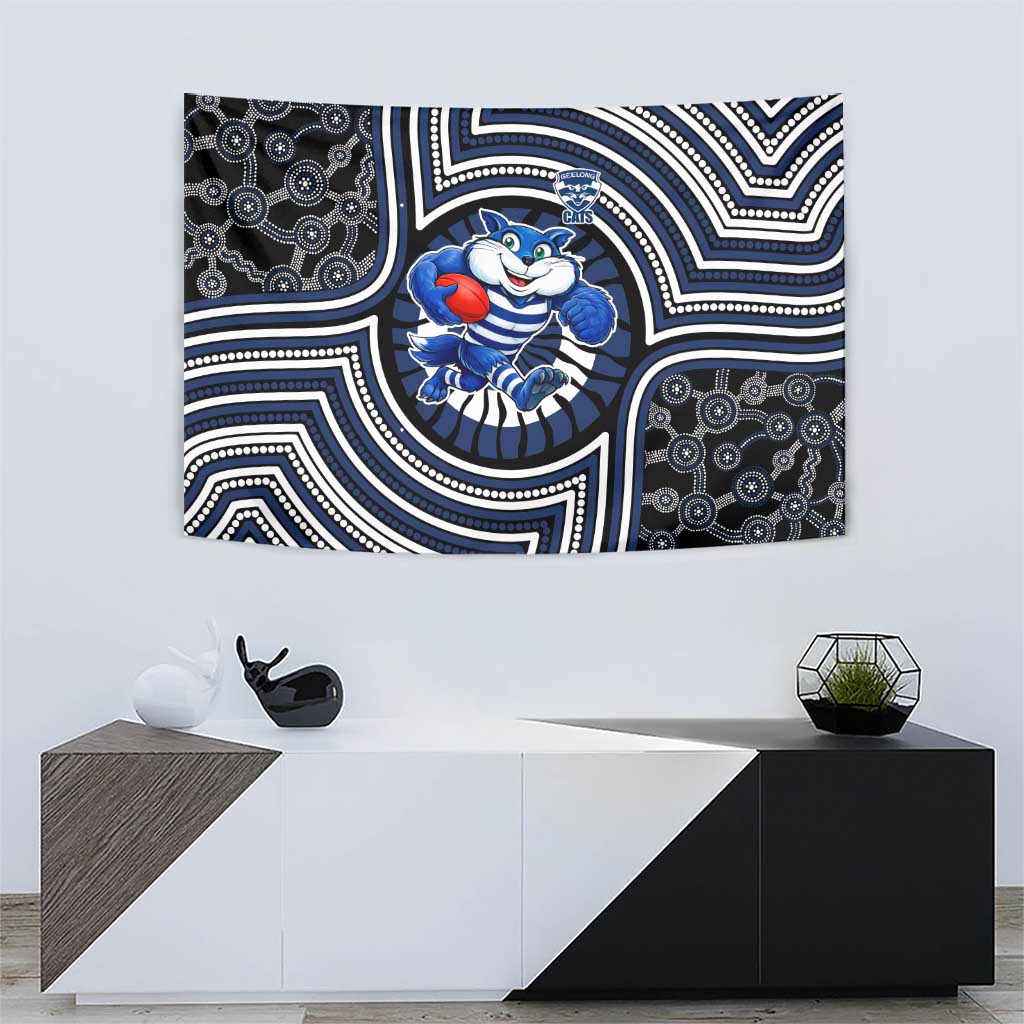 Geelong Cats Tapestry Indigenous Monochrome Dot Art Mascot Style