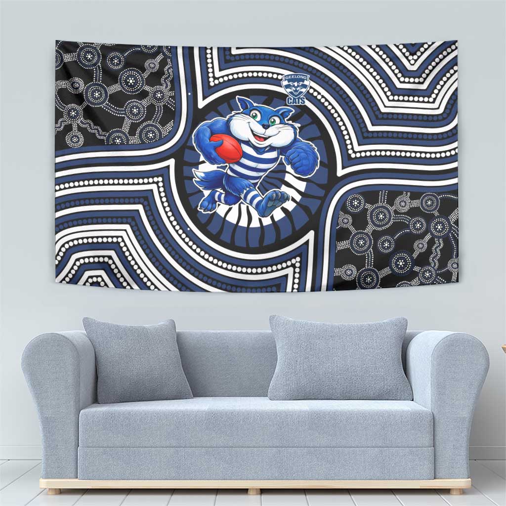Geelong Cats Tapestry Indigenous Monochrome Dot Art Mascot Style