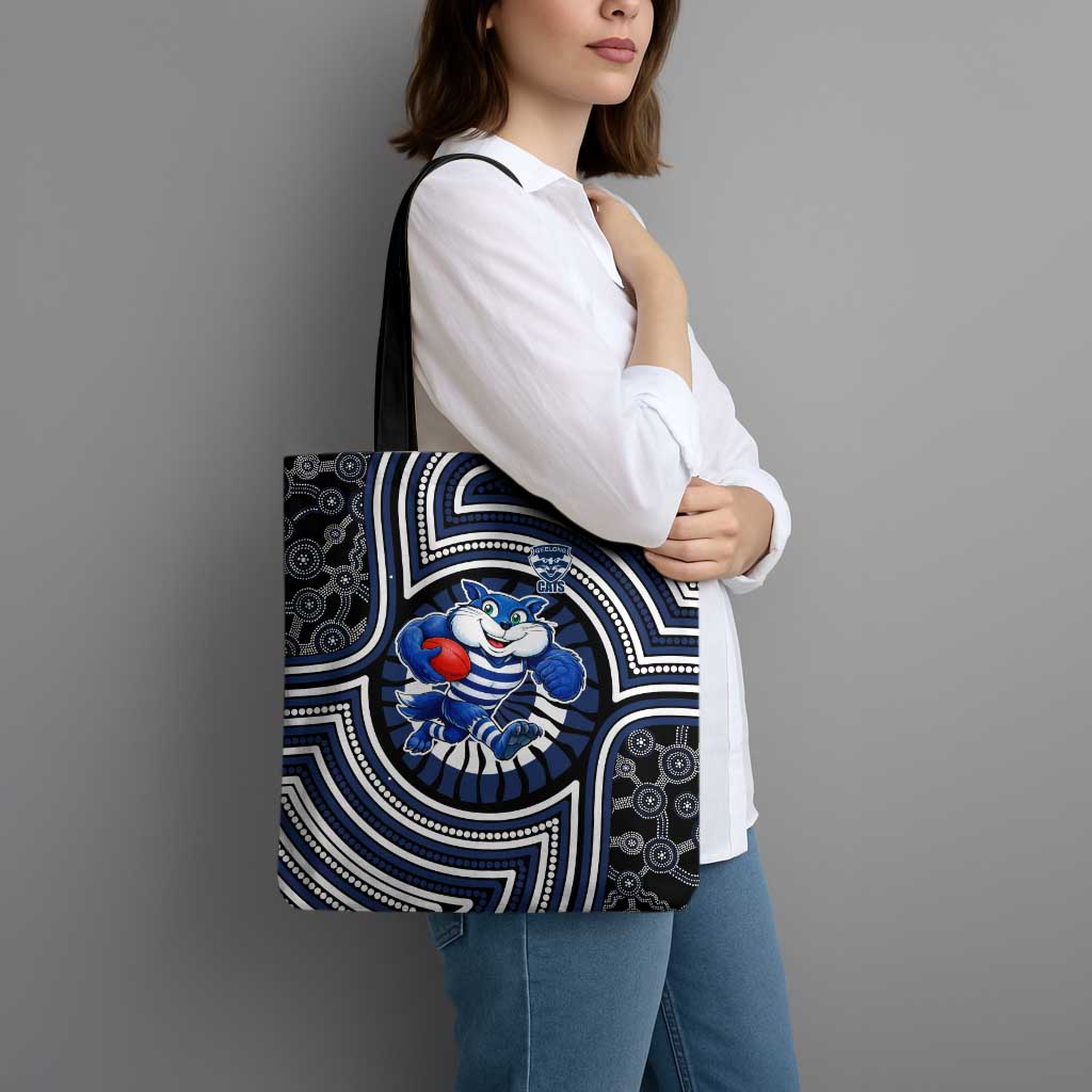 Geelong Cats Tote Bag Indigenous Monochrome Dot Art Mascot Style
