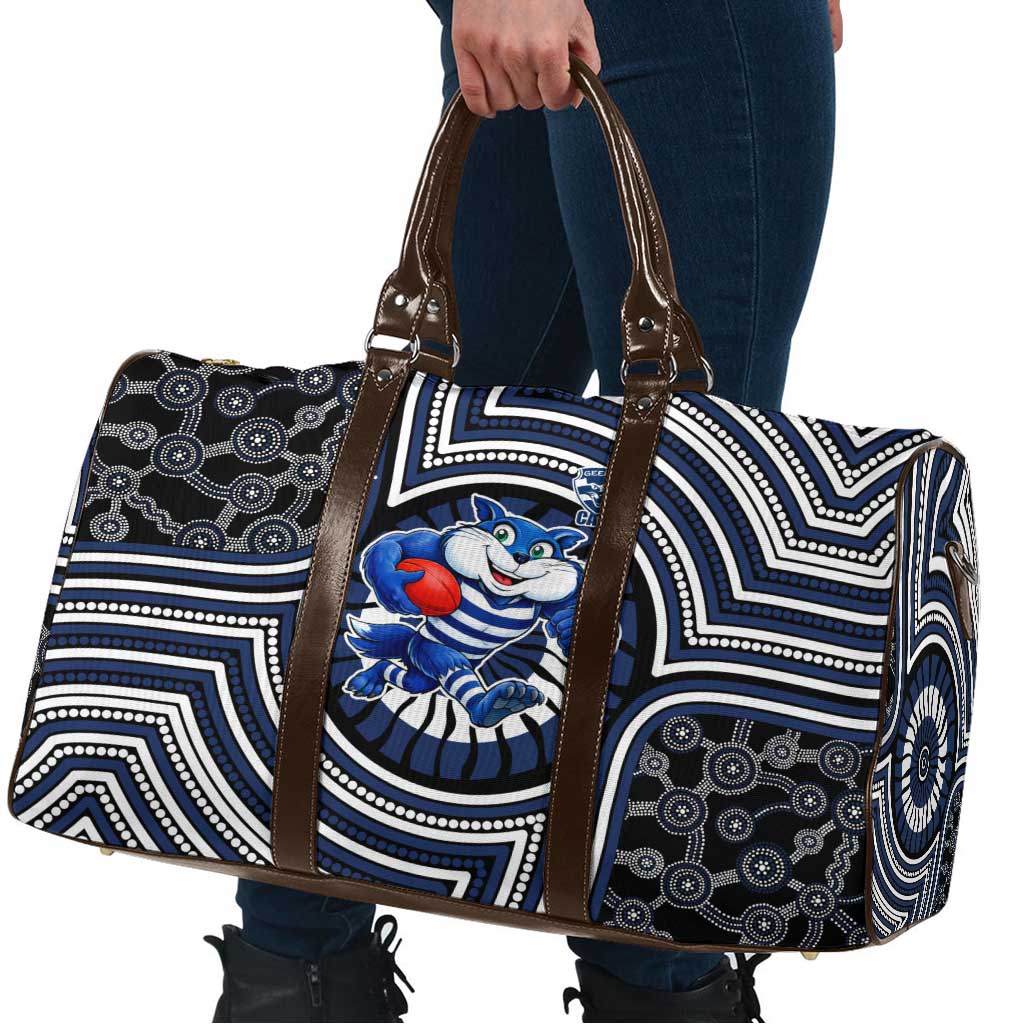 Geelong Cats Travel Bag Indigenous Monochrome Dot Art Mascot Style