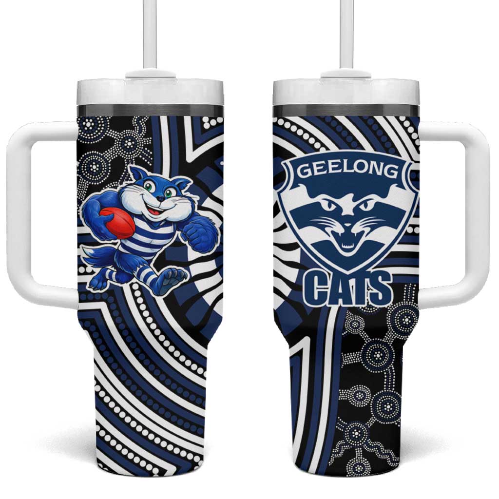 Geelong Cats Tumbler With Handle Indigenous Monochrome Dot Art Mascot Style