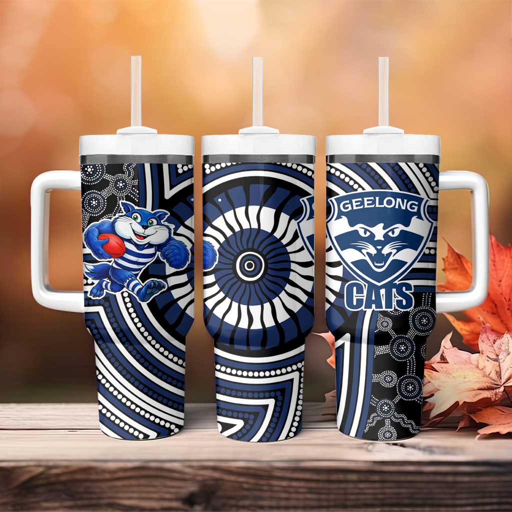 Geelong Cats Tumbler With Handle Indigenous Monochrome Dot Art Mascot Style