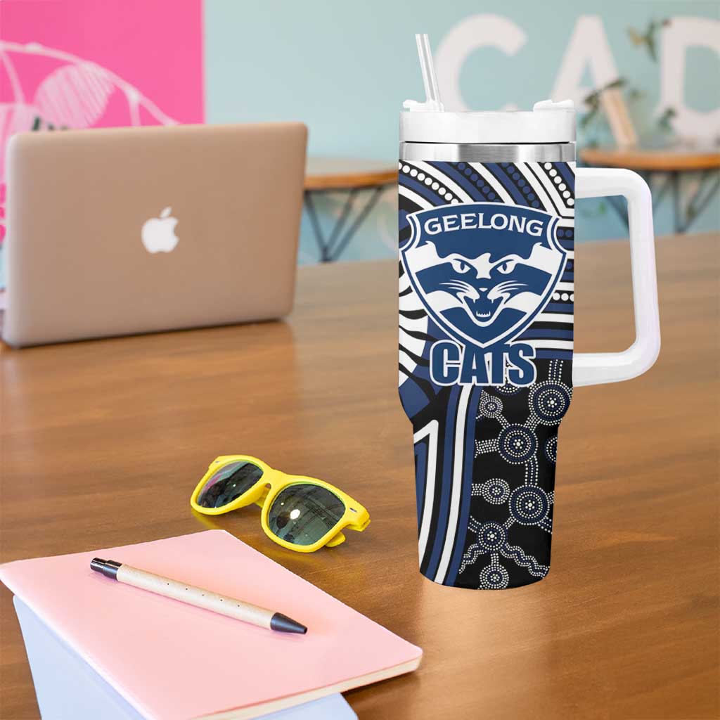 Geelong Cats Tumbler With Handle Indigenous Monochrome Dot Art Mascot Style
