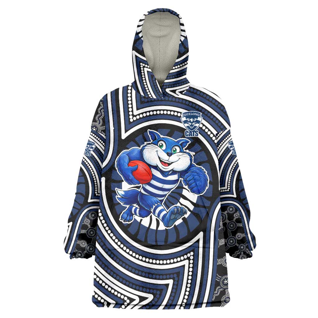 Geelong Cats Wearable Blanket Hoodie Indigenous Monochrome Dot Art Mascot Style