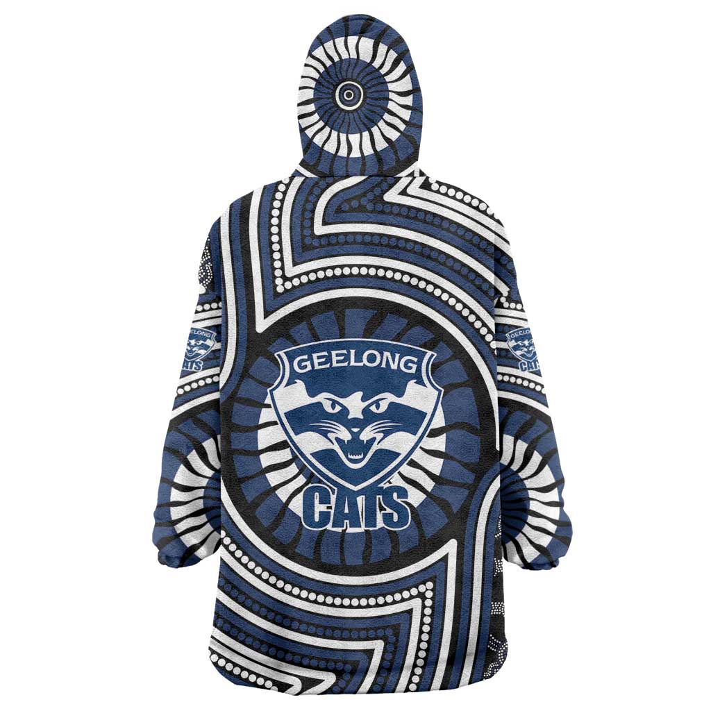 Geelong Cats Wearable Blanket Hoodie Indigenous Monochrome Dot Art Mascot Style
