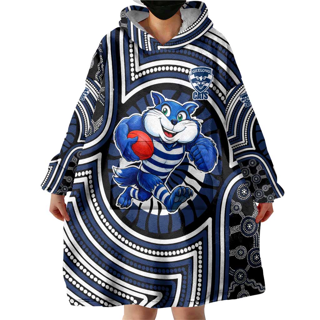 Geelong Cats Wearable Blanket Hoodie Indigenous Monochrome Dot Art Mascot Style