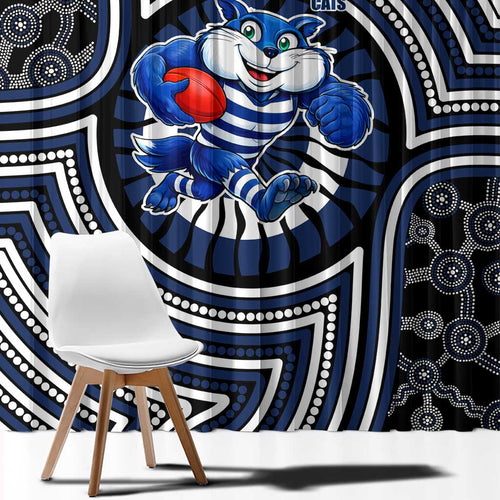 Geelong Cats Window Curtain Indigenous Monochrome Dot Art Mascot Style