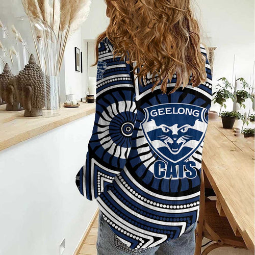 Geelong Cats Women Casual Shirt Indigenous Monochrome Dot Art Mascot Style
