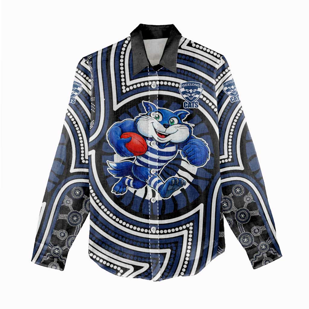 Geelong Cats Women Casual Shirt Indigenous Monochrome Dot Art Mascot Style