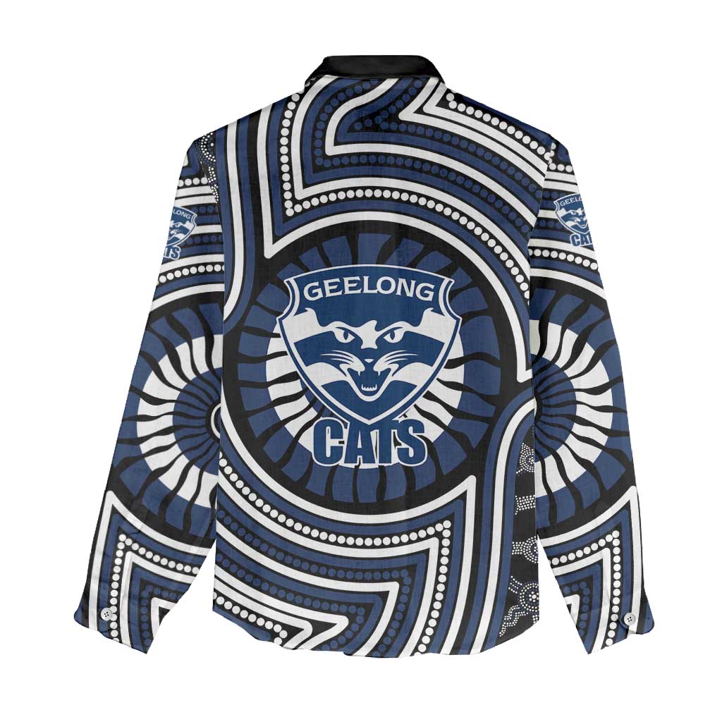 Geelong Cats Women Casual Shirt Indigenous Monochrome Dot Art Mascot Style