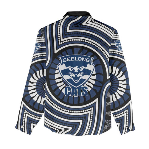 Geelong Cats Women Casual Shirt Indigenous Monochrome Dot Art Mascot Style