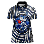 Geelong Cats Women Polo Shirt Indigenous Monochrome Dot Art Mascot Style
