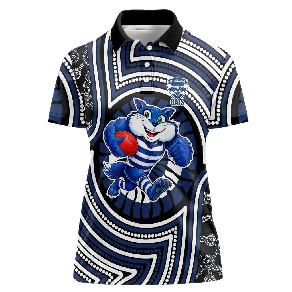 Geelong Cats Women Polo Shirt Indigenous Monochrome Dot Art Mascot Style