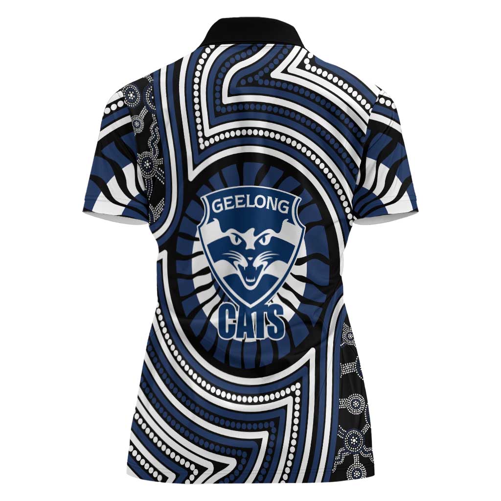 Geelong Cats Women Polo Shirt Indigenous Monochrome Dot Art Mascot Style