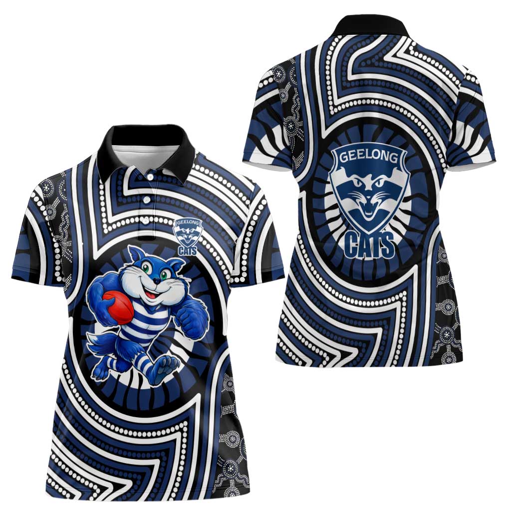 Geelong Cats Women Polo Shirt Indigenous Monochrome Dot Art Mascot Style