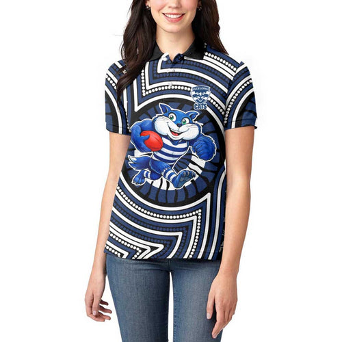 Geelong Cats Women Polo Shirt Indigenous Monochrome Dot Art Mascot Style