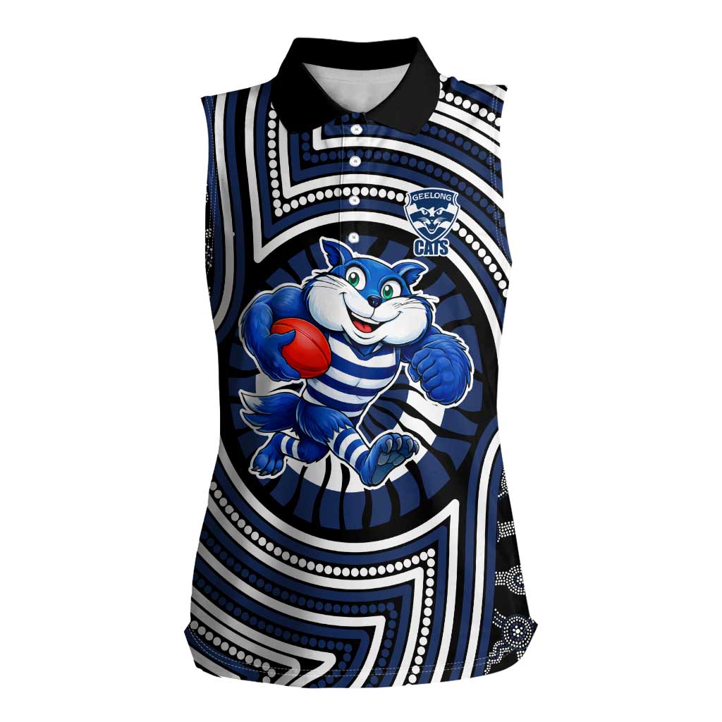 Geelong Cats Women Sleeveless Polo Shirt Indigenous Monochrome Dot Art Mascot Style