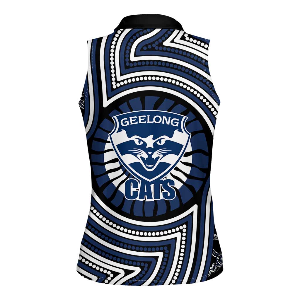 Geelong Cats Women Sleeveless Polo Shirt Indigenous Monochrome Dot Art Mascot Style