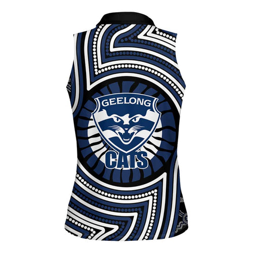 Geelong Cats Women Sleeveless Polo Shirt Indigenous Monochrome Dot Art Mascot Style