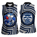 Geelong Cats Women Sleeveless Polo Shirt Indigenous Monochrome Dot Art Mascot Style