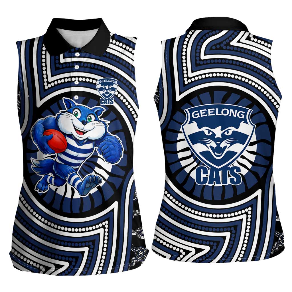 Geelong Cats Women Sleeveless Polo Shirt Indigenous Monochrome Dot Art Mascot Style